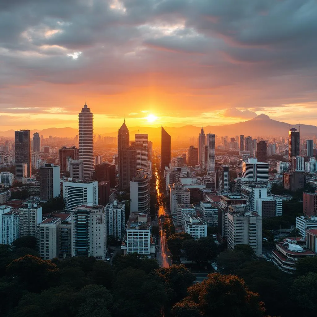 Vista panorámica de un distrito financiero en Bogotá o Medellín al atardecer.