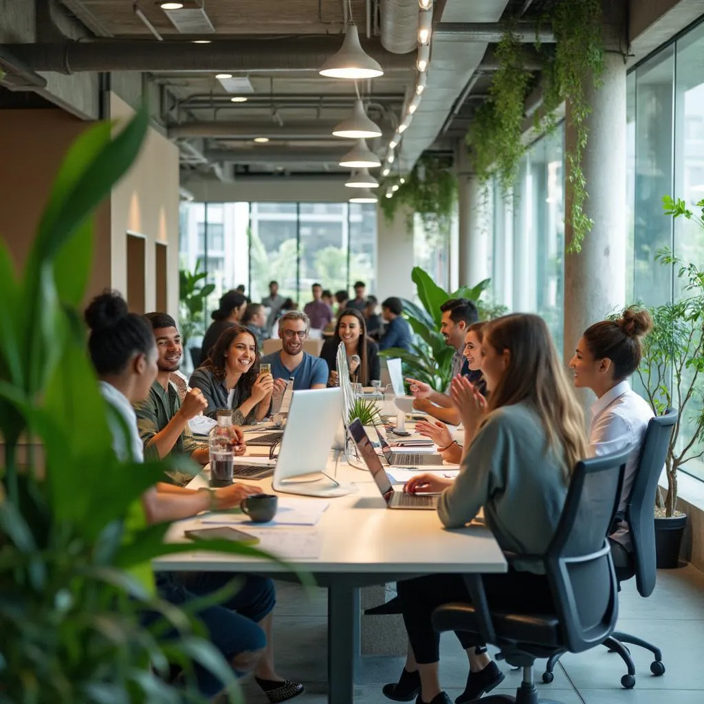 Equipo diverso y colaborativo trabajando en la moderna oficina de Inversiones Colombia.